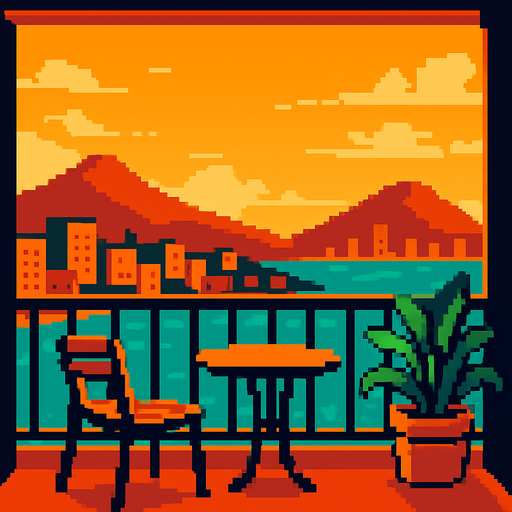 balkon manzarası görüntüsü oluştur pixel art tarzında.
In-Game asset.  2d.  High contrast.  No shadows