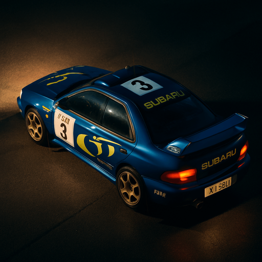 Photorealistic 1990'S Subaru Impreza WRC Rallycar in nightlight, drone topview from back and 45 degrees angle in top right corner