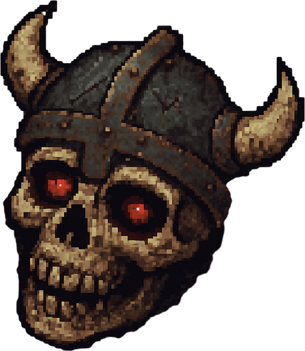 “Top-down 2D pixel art of a severed skeleton head wearing a damaged metal helmet. The skull is cracked and aged, with glowing red eyes still faintly lit. The barberian helmet is dented, rusty, and slightly misaligned on the skull. The head lies on the ground, surrounded by scratches, dust, or dried blood. Designed as a dark fantasy game sprite or environmental detail.”.
In-Game asset.  2d.  High contrast.  No shadows