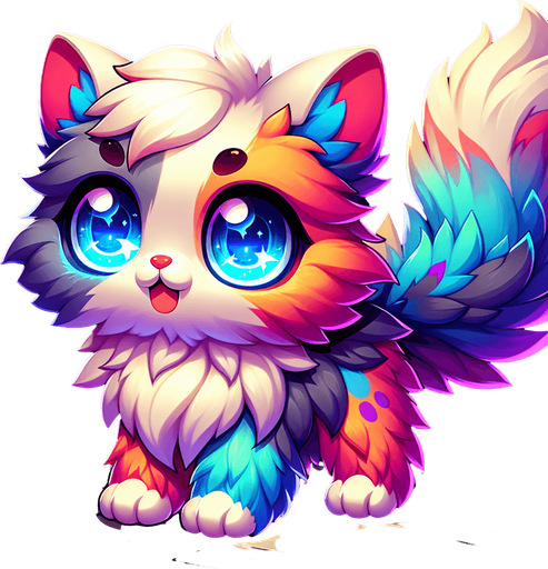 3d cute fluffy colourful kitten big glowing blue eyes.
Single Game Texture. In-Game asset. 2d. Blank background. High contrast. No shadows.