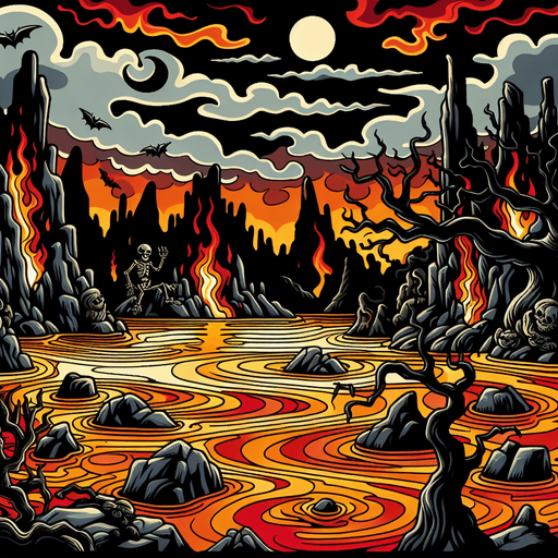 Generate a high quality cartoon background Halloween image on a black canvas similar to the format of where is waldo with a hellish lake environment.
Single Game Texture. In-Game asset. 2d. Blank background. High contrast. No shadows.