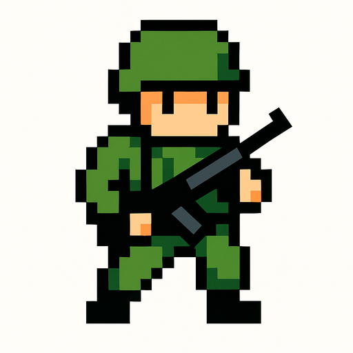 soldier pixel.
In-Game asset.  2d.  High contrast.  No shadows