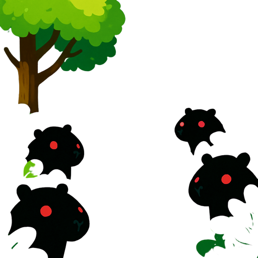 Crea un bosque verde alegre. Pero escondidos en las ojas de los arbustos aparecen capybaras de color negros con ojos rojos..
In-Game asset.  2d.  High contrast.  No shadows