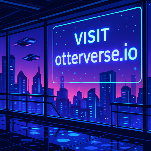 “Render a futuristic skyline view from a glass-walled sky-bridge at twilight. Huge digital billboard outside declares ‘Visit otterverse.io’ in crisp neon lettering. Include passing hover-cars, floating particle effects, and a wet floor inside reflecting the lights—no characters or coins.”.
In-Game asset.  2d.  High contrast.  No shadows