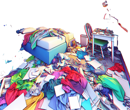 dağınık bir yatak odası, odanın içinden görünüm 3d renkli, çizgi film