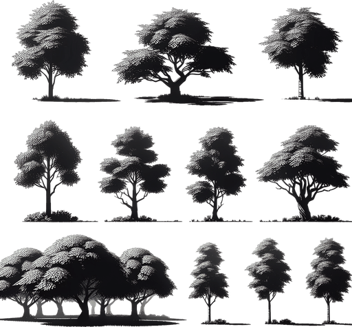 Trees.
Single Game Texture. In-Game asset. 2d. Blank background. High contrast. No shadows.