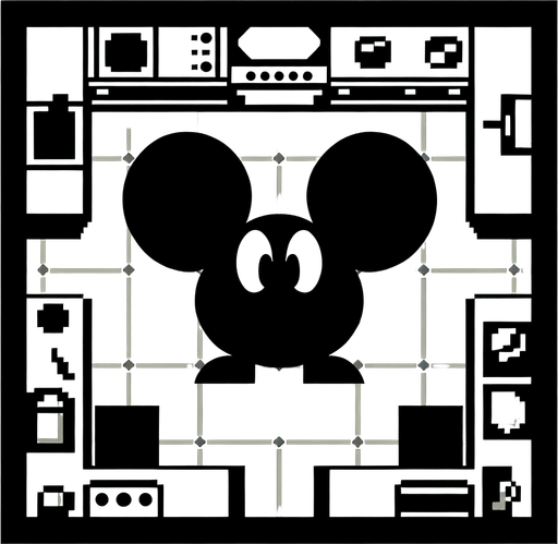 top-down view, videogame kitchen mickey mouse 
character, 90s style sticker, flat, no perspective, silhouette,  black and white, cartoon, fun, simple,.
Single Game Texture. In-Game asset. 2d. Blank background. High contrast. No shadows.