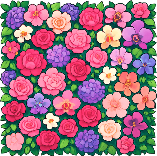 A beautiful flower wall made of a lush mix of vibrant, colorful flowers like roses, peonies, hydrangeas, and orchids. The wall is densely packed with blossoms in shades of pink, red, white, purple, and pastel tones. Greenery like ivy and leaves peek through the blooms, adding depth and contrast. The arrangement is elegant and symmetrical, ideal as a photo backdrop for events like weddings or parties. High-resolution, soft lighting, and dreamy atmosphere..
In-Game asset.  2d.  High contrast.  No shadows. cartoon style