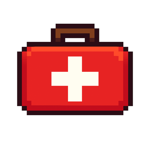 Un botiquín en estilo pixel art y sin fondo.
In-Game asset.  2d.  High contrast.  No shadows