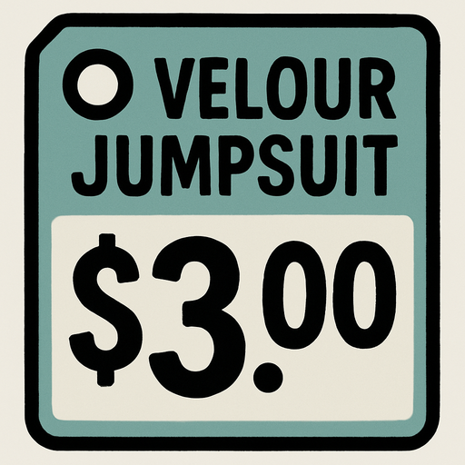 Price tag that says velour jumpsuit $3.00.
In-Game asset.  2d.  High contrast.  No shadows