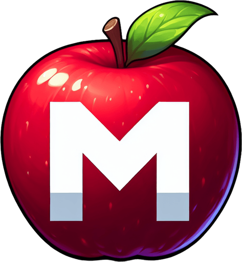 white " (M" on a red apple.
Single Game Texture. In-Game asset. 2d. Blank background. High contrast. No shadows.