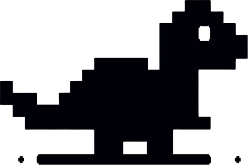 sağa dönük simsiyah pikselli dinozor.
Single Game Texture.  In-Game asset.  2d.  Blank background.  High contrast.  No shadows