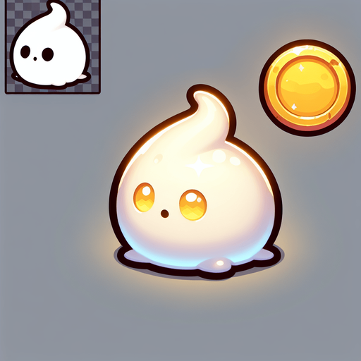 Un slime blanco con una moneda brillante en la frente RPG con estilo suave y simple.
Single Game Texture.  In-Game asset.  2d.  Blank background.  High contrast.  No shadows
