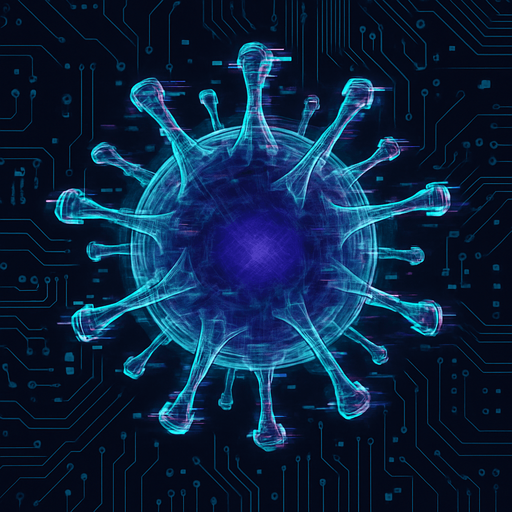 topdown view, glitchy digital virus, distorted edges, purple-blue core, semi-transparent parts, digital glitch effect around edges, ethereal appearance, fits motherboard environment, vectorel draw.
In-Game asset.  2d.  High contrast.  No shadows