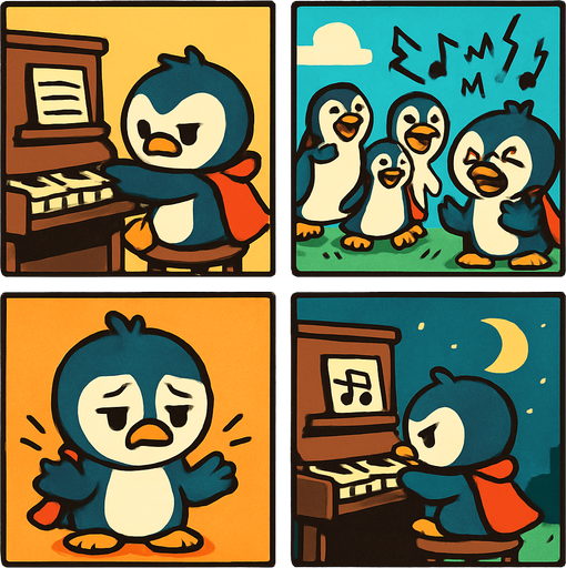 4-panel comic strip, no text, cute cartoon style, bright colors, black outlines.
Characters: Penguin Hero (small, determined) + Village Penguins
Central Theme: Music connects hearts, piano mastery wins love. Story: Hero faces challenges and obstacles in his musical journey

Panel 1: Hero struggles with difficult piano piece, frustrated
Panel 2: Other penguins mock his practicing, musical notes look harsh/jagged
Panel 3: Hero's flippers are sore, he looks exhausted
Panel 4: But Hero persists, practicing by moonlight, determined expression
In-Game asset.  2d.  High contrast.  No shadows