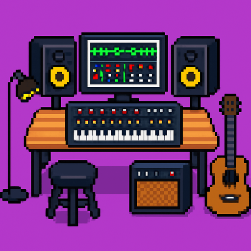 Music studio pixel.
In-Game asset.  2d.  High contrast.  No shadows