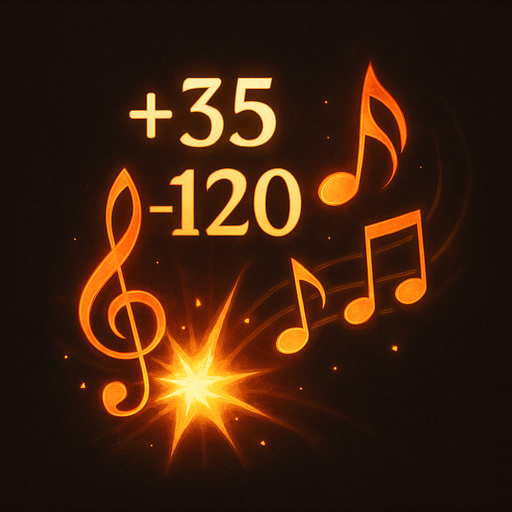 Design an icon for a toggle button labeled "Show Damage Numbers" in a fantasy tower defense game set in a magical concert hall. The icon should represent visible damage output using a musical and magical theme.

Main elements: show floating numbers (like “+35”, “-120”) rising or popping out from stylized musical symbols—such as a treble clef or burst of notes.
Optionally, display a glowing impact spark or small explosion with numbers around it to represent hit feedback.

Use gold, red, or white tones for the numbers and magical trails for emphasis.
Background should be neutral or dark, subtly textured (like velvet or wood), to enhance readability.

The icon must be square (256×256 px), readable at small sizes, and include no text.
Provide two visual states:

Enabled: numbers glowing, slightly animated or rising.

Disabled: numbers greyed out or crossed subtly with a muted tone.

Style: fantasy UI, clean and elegant, consistent with the musical combat theme of the game..
In-Game asset.  2d.  High contrast.  No shadows