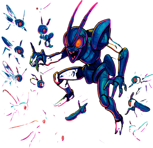 Neon cyberpunk horror anime top down isometric Lokix Nymble robot locusts swarming