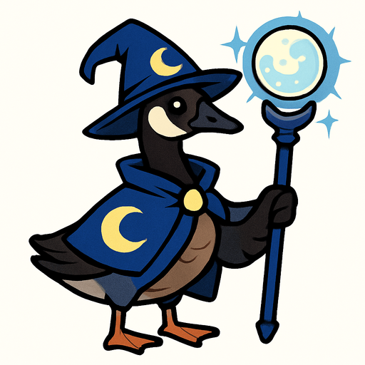 A Canadian Goose in Moon Mage Outfit with Moonlight Magic Staff.
In-Game asset.  2d.  High contrast.  No shadows
