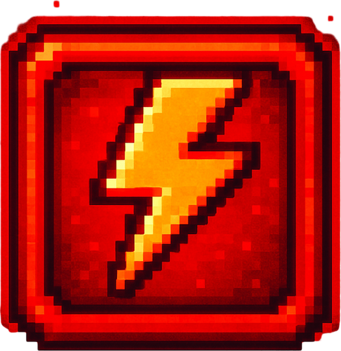 Pixel art of a red power-up icon with a bold lightning bolt symbol inside. Represents a temporary speed boost in a retro-style arcade game. Glowing red, square icon.
In-Game asset.  2d.  High contrast.  No shadows