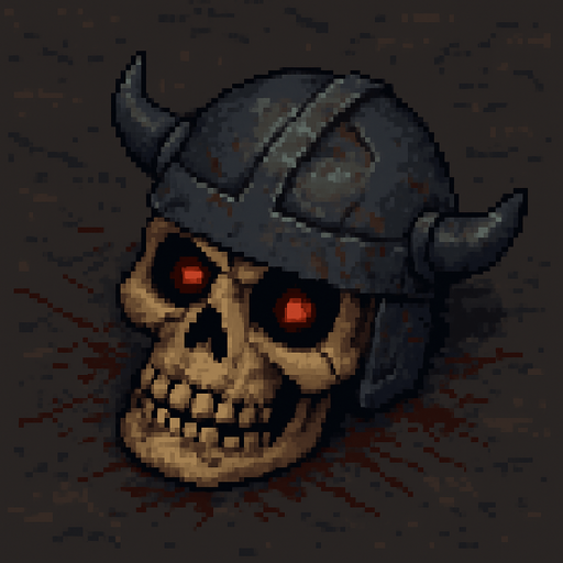 “Top-down 2D pixel art of a severed skeleton head wearing a damaged metal helmet. The skull is cracked and aged, with glowing red eyes still faintly lit. The barberian helmet is dented, rusty, and slightly misaligned on the skull. The head lies on the ground, surrounded by scratches, dust, or dried blood. Designed as a dark fantasy game sprite or environmental detail.”.
In-Game asset.  2d.  High contrast.  No shadows