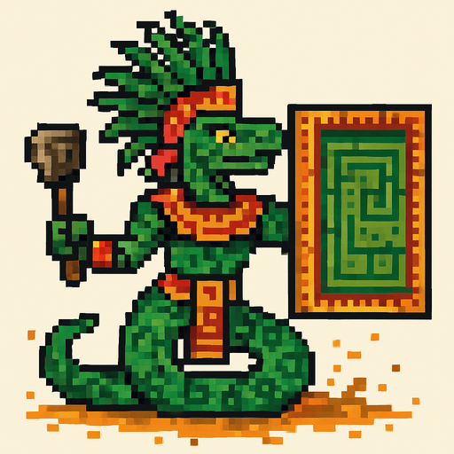 Generame un guerrero azteca con patrones, estilo pixelar, además será un animal Anaconda verde, con efectos de tierra, cargando un gran escudo o muro..
In-Game asset.  2d.  High contrast.  No shadows