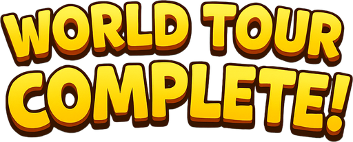 A bright and colorful 2D cartoon-style “Congratulations” screen for a mobile music game. The background should feature festive elements like fireworks, sparkles, confetti, and a glowing Earth or map. At the center, include a large golden text that says “World Tour Complete!” or “You’re a Sound Explorer Master!” in playful, bold font. The scene should feel rewarding and musical, with subtle music notes or instrument icons around the background. Export as a wide 1920x1080 PNG, with no UI buttons or overlays..
In-Game asset.  2d.  High contrast.  No shadows