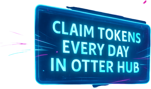 Create a dynamic 4K digital background for a cyberpunk mobile game interface. The scene shows a sleek, rain-drenched urban plaza with neon-lit walkways and towering digital screens. One large holographic banner reads ‘Claim tokens every day in Otter Hub’ in bold, glowing lettering. Surround it with animated light trails, drifting data particles, and subtle reflections in wet pavement. In the distance, angular skyscrapers pulse with magenta and cyan accents against a misty night sky. This image should serve as an eye-catching game menu backdrop—no characters or coins visible..
High contrast.  No shadows