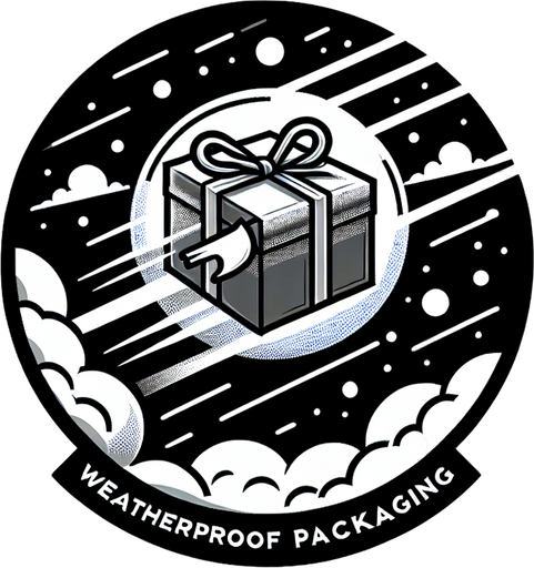 icon of a weatherproof christmas present flying in the sky, on a circle, cartoon. With the text: "weatherproof packaging" Single Game Texture. In-Game asset. 2d. Blank background. High contrast. No shadows.