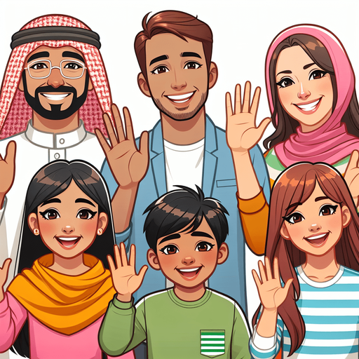 A smiling family waving..
Single Game Texture. In-Game asset. 2d. Blank background. High contrast. No shadows.