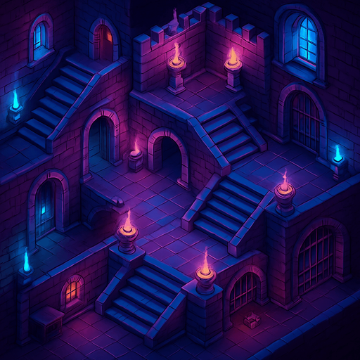 Top down isometric neon cyberpunk castle mansion interior dungeon background large