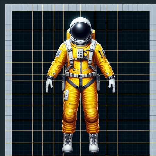Create a top down view of an astronaut in a bright yellow space suit.
Single Game Texture. In-Game asset. 2d. Blank background. High contrast. No shadows.