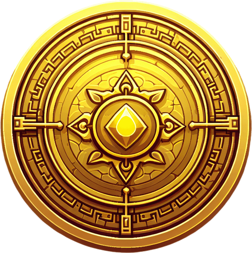 Gold coin with design in the center.
Single Game Texture.  In-Game asset.  2d.  Blank background.  High contrast.  No shadows