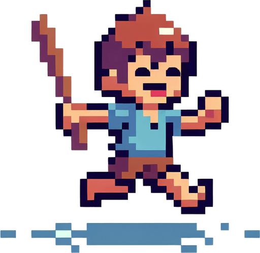 Pixel art,   kid running with a stick..
Single Game Texture. In-Game asset. 2d. Blank background. High contrast. No shadows.