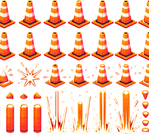 Neon orange cones (80px tall) in zigzag patterns

Behavior:

Knocked over with satisfying clatter sound

Perfect center-jump makes them explode into confetti

Pattern: Groups of 3-5 with varying spacing.
Single Game Texture.  In-Game asset.  2d.  Blank background.  High contrast.  No shadows