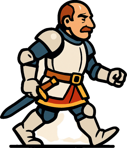 şovalye kıyafetli orta yaşlı bir adam belinde kılıcıyla sağdan sola yürür gibi.
In-Game asset.  2d.  High contrast.  No shadows