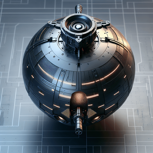 Top view (zenith view) of a simple futuristic spherical defense drone with a central top canon