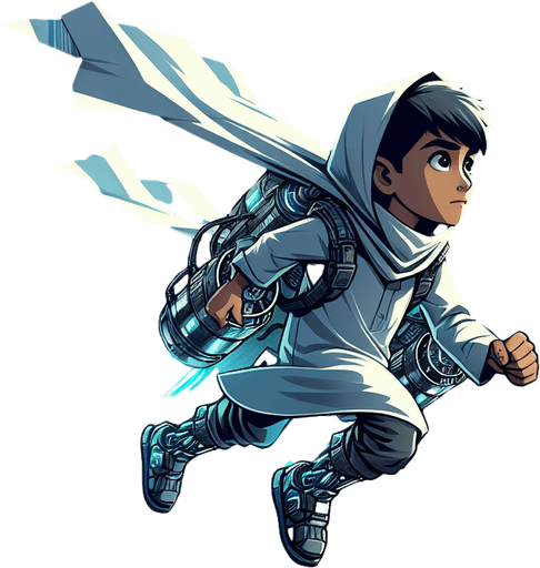 Horizontal Endless Runner Cyberpunk flying Kid with a jetpack.
Single Game Texture. In-Game asset. 2d. Blank background. High contrast. No shadows.