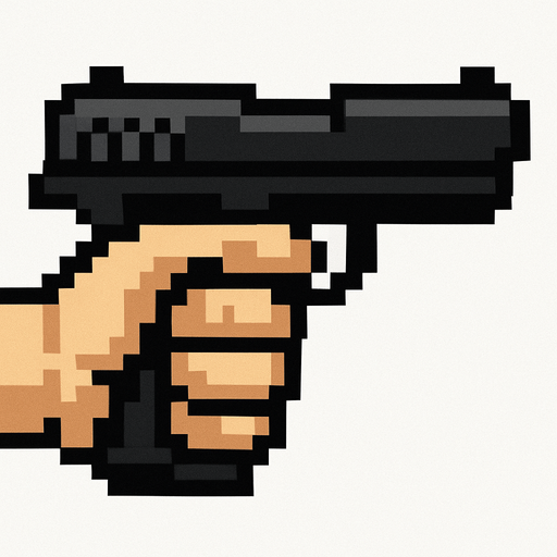 un puño agarrando un arma hecho con pixeles y de perspectiva lateral.
In-Game asset.  2d.  High contrast.  No shadows