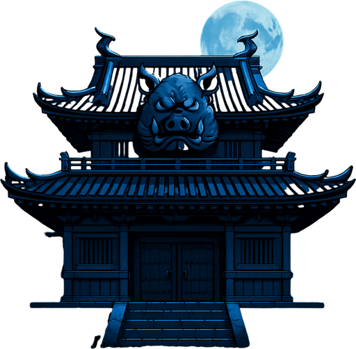 realistic 2d anime style front field old samurai palace temple with pig evil ornament at midnight.
In-Game asset.  2d.  High contrast.  No shadows