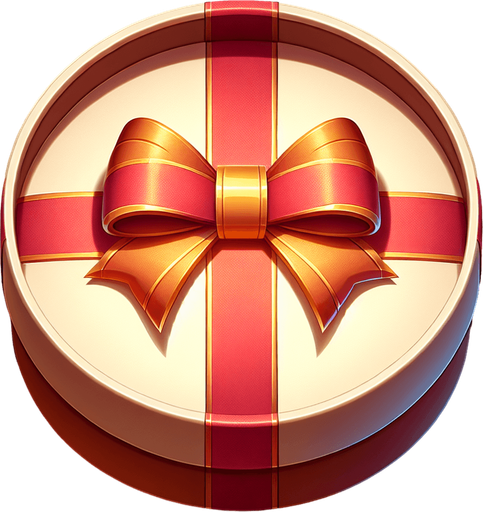 Top view of a round gift box with a ribbon Single Game Texture. In-Game asset. 2d. Blank background. High contrast. No shadows.