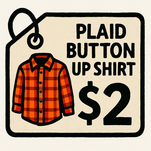 price tag that says plaid button up shirt $2.
In-Game asset.  2d.  High contrast.  No shadows