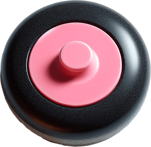 black curling stone with pink top, top view.