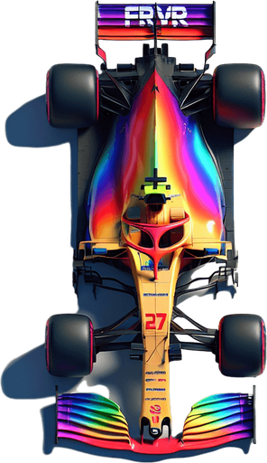Full-length F1 race car. rainbow coloured Gradient on body. "FRVR" sponsor. Top view..
Single Game Texture. In-Game asset. 2d. Blank background. High contrast. No shadows.