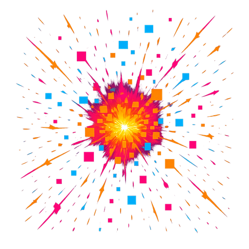 digital explosion. squares. pixels. chaos. neon. sparks.
In-Game asset.  2d.  High contrast.  No shadows