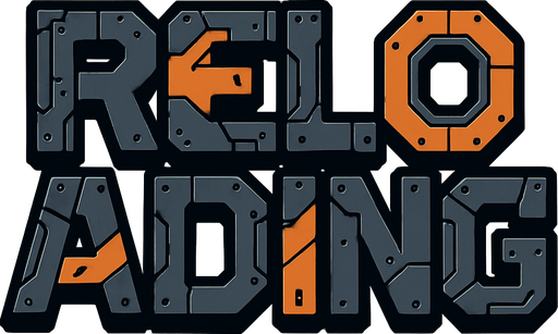 `Reloading` word but mecha style.
In-Game asset.  2d.  High contrast.  No shadows