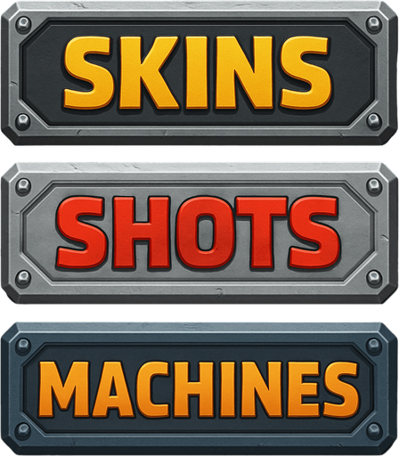 pack of different 3 buttons "skins""shots""machines", metal texture, different color for metal and for text.
In-Game asset.  2d.  High contrast.  No shadows