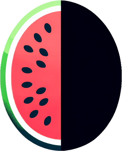 sliced watermelon fruit into two left side one and rightside one.
Single Game Texture.  In-Game asset.  2d.  Blank background.  High contrast.  No shadows