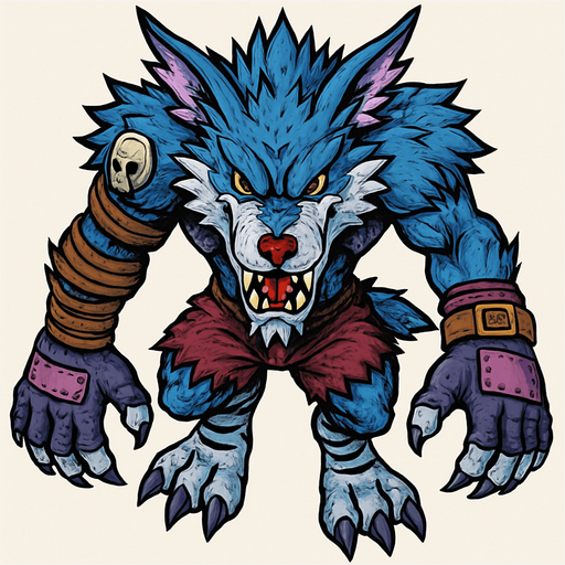 WereGarurumon, visto desde arriba, detalles muy altos, sin errores, original
In-Game asset.  2d.  High contrast.  No shadows