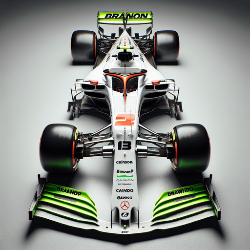 Photorealistic F1 race car without Halo safety device. Top view.
White body with neongreen nose. 
Black BrainGP text on body sides. 
Red "Cainon" text on front wings. 
Neongreen rear wing with Orange "BRAWNDO" text.